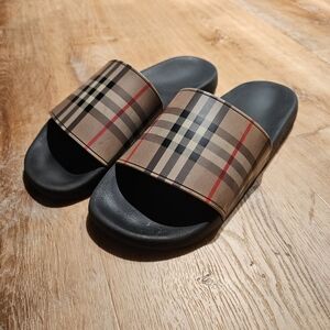Burberry Black and Tan Plaid Slide Sandals